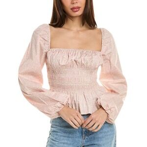 Staud Jules Smocked Long Sleeve Top Pastel Maze‎ Pink Size XS